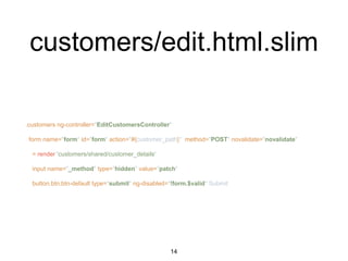 customers/edit.html.slim
.customers ng-controller="EditCustomersController"
form name="form" id="form" action="#{customer_path}" method="POST" novalidate="novalidate"
= render 'customers/shared/customer_details'
input name="_method" type="hidden" value="patch"
button.btn.btn-default type="submit" ng-disabled="!form.$valid" Submit
14
 