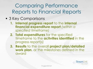 Comparing Performance
Reports to Financial Reports
 3 Key Comparisons
1. Internal progress report to the internal
financi...