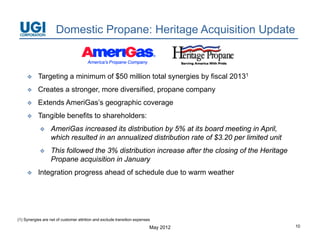 Domestic Propane: Heritage Acquisition Update



          Targeting a minimum of $50 million total synergies by fiscal 20131
          Creates a stronger, more diversified, propane company
          Extends AmeriGas’s geographic coverage
          Tangible benefits to shareholders:
                 AmeriGas increased its distribution by 5% at its board meeting in April,
                  which resulted in an annualized distribution rate of $3 20 per limited unit
                                                                       $3.20
                 This followed the 3% distribution increase after the closing of the Heritage
                  Propane acquisition in January
          Integration progress ahead of schedule d t warm weather
           I t    ti             h d f h d l due to           th




(1) Synergies are net of customer attrition and exclude transition expenses
                                                                          May 2012               10
 