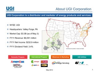 About UGI Corporation
UGI Corporation is a distributor and marketer of energy products and services.



 NYSE: UGI

 Headquarters: Valley Forge, PA

 M k t Cap: $3 3B ( of M 3)
  Market C   $3.3B (as f May

 FY11 Revenue: $6,091 million

 FY11 Net Income: $232 9 million
                   $232.9

 FY11 Dividend Yield: 3.4%
                                                                     AmeriGas also operates in Hawaii and Alaska




    Domestic Propane     International Propane      Midstream & Marketing                       UGI Utilities




                                             May 2012                                                              3
 