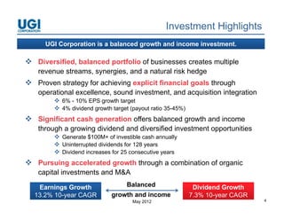 Investment Highlights
      UGI Corporation is a balanced growth and income investment.

 Diversified, balanced portfolio of businesses creates multiple
   revenue streams, synergies, and a natural risk hedge
 Proven strategy for achieving explicit financial goals through
   operational excellence, sound investment, and acquisition integration
    p                    ,                 ,       q             g
         6% - 10% EPS growth target
         4% dividend growth target (payout ratio 35-45%)
 Significant cash generation offers balanced growth and income
   through a growing dividend and diversified investment opportunities
         Generate $100M+ of investible cash annually
         Uninterrupted dividends for 128 years
         Di id d i
          Dividend increases f 25 consecutive years
                              for           ti
 Pursuing accelerated growth through a combination of organic
   capital investments and M&A

   Earnings Growth                 Balanced                  Dividend Growth
  13.2% 10-year CAGR         growth and income              7.3% 10-year CAGR
                                     May 2012                                   4
 