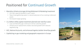 • Marcellus infrastructure gap driving Midstream & Marketing Investment
• UGI LNG capacity doubled in past 3 years
• Texas Creek gathering system is natural extension of our existing midstream
assets
• Fee-based margin growing
• $1.2 billion Utility capital investment planned over next four years
• Low cost Marcellus gas continues to drive customer growth
• Infrastructure replacement creates rate base growth with reduced
regulatory lag
• ACE, National Accounts, and enhanced logistics bolster AmeriGas growth
• Capitalizing on gas marketing and geographic expansion in Europe
Positioned for Continued Growth
ANNUAL MEETING | JANUARY 25, 2018 10
 