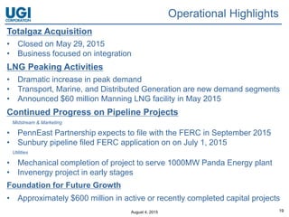 August 4, 2015 19
Operational Highlights
Totalgaz Acquisition
• Closed on May 29, 2015
• Business focused on integration
LNG Peaking Activities
• Dramatic increase in peak demand
• Transport, Marine, and Distributed Generation are new demand segments
• Announced $60 million Manning LNG facility in May 2015
Continued Progress on Pipeline Projects
Midstream & Marketing
• PennEast Partnership expects to file with the FERC in September 2015
• Sunbury pipeline filed FERC application on on July 1, 2015
Utilities
• Mechanical completion of project to serve 1000MW Panda Energy plant
• Invenergy project in early stages
Foundation for Future Growth
• Approximately $600 million in active or recently completed capital projects
 