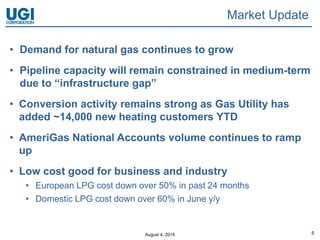 August 4, 2015 5
Market Update
• Demand for natural gas continues to grow
• Pipeline capacity will remain constrained in medium-term
due to “infrastructure gap”
• Conversion activity remains strong as Gas Utility has
added ~14,000 new heating customers YTD
• AmeriGas National Accounts volume continues to ramp
up
• Low cost good for business and industry
• European LPG cost down over 50% in past 24 months
• Domestic LPG cost down over 60% in June y/y
 