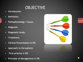 • Introduction.
• Definition.
• Pathophysiology / Cause.
• Diagnosis.
• Diagnostic study.
• Treatment.
• Clinical Presentation in ER.
• Approach to the patient.
• First priority in ER.
• Principle of Management in ER.
OBJECTIVE
 