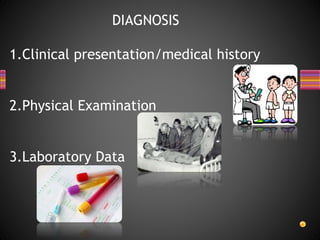 DIAGNOSIS
1.Clinical presentation/medical history
2.Physical Examination
3.Laboratory Data
 