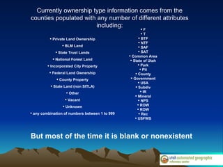 Private Land Ownership BLM Land State Trust Lands National Forest Land Incorporated City Property Federal Land Ownership County Property State Land (non SITLA) Other Vacant Unknown any combination of numbers between 1 to 999 Currently ownership type information comes from the counties populated with any number of different attributes including: But most of the time it is blank or nonexistent F T BTF NTF SAF SAT Common Area State of Utah Park Pit County Government USA Subdiv IR Mineral NPS ROW ROW Rec USFWS 