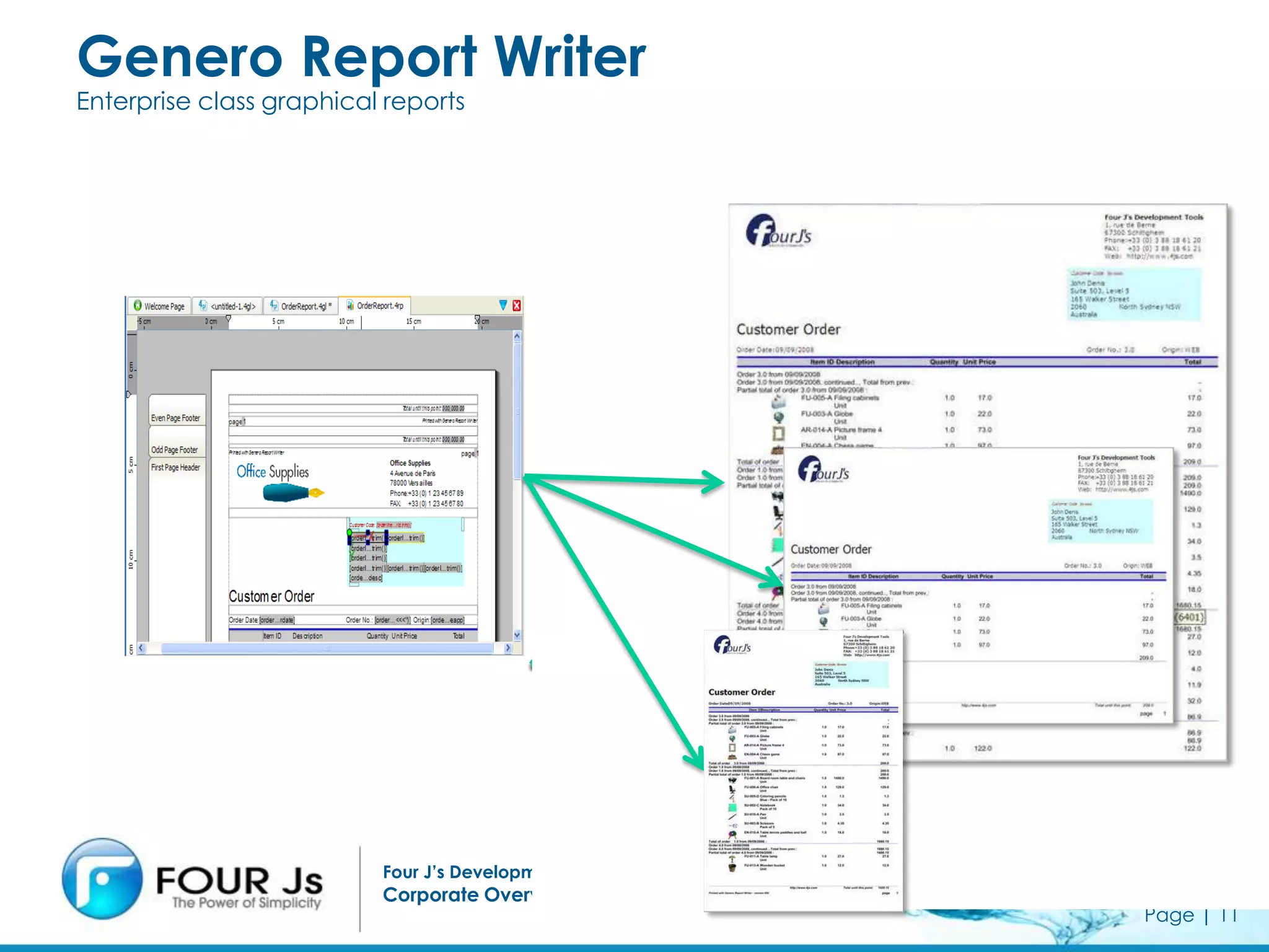 Genero Report Writer
Enterprise class graphical reports




                          Four J’s Development Tools
                          Corporate Overview
                                                       Page | 11
 