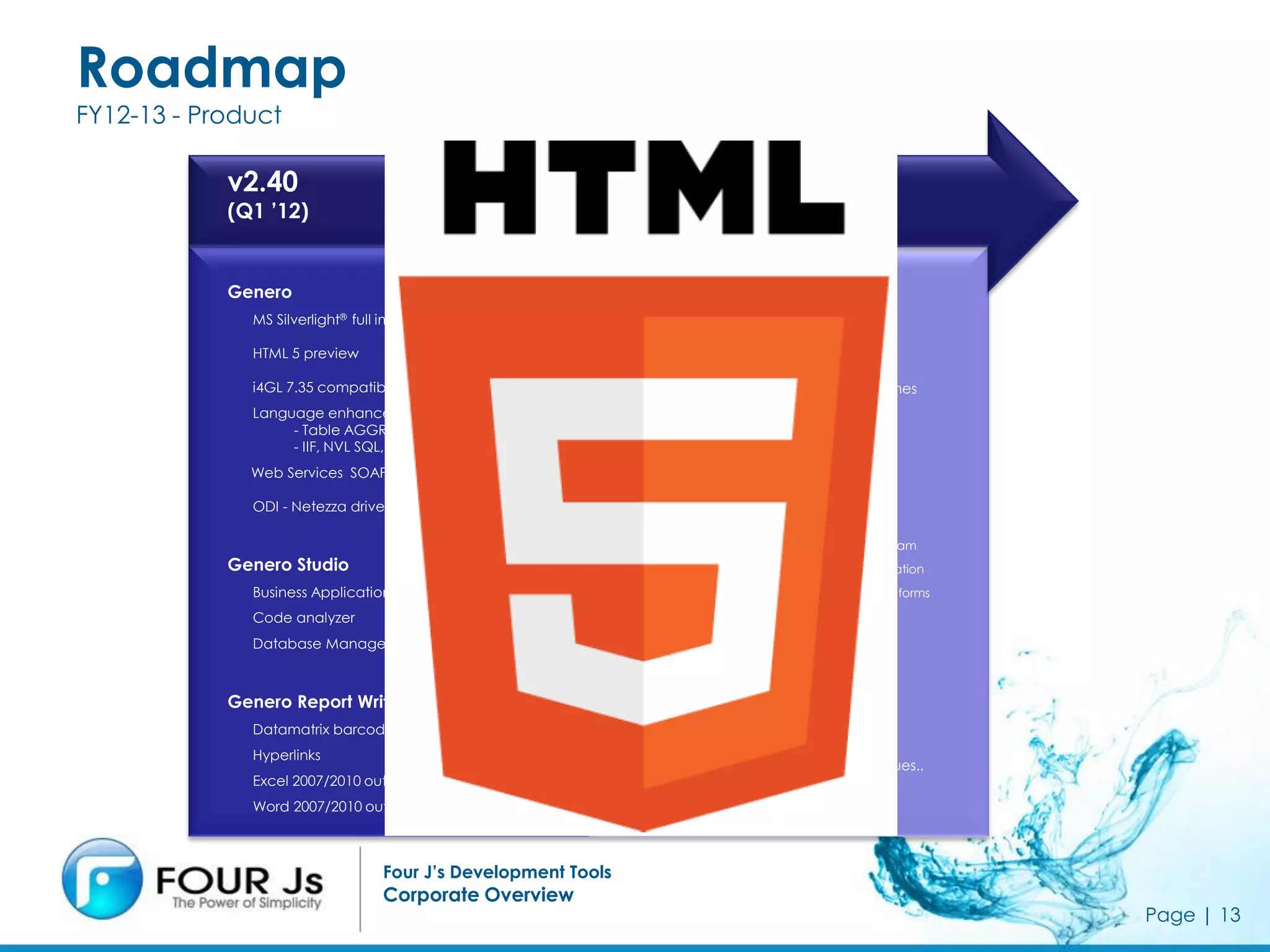 Roadmap
FY12-13 - Product

            v2.40                                             vNEXT
            (Q1 ’12)                                          (Q1’13)


            Genero                                            Genero
              MS Silverlight® full implementation              MS Silverlight 5

              HTML 5 preview                                   HTML 5

              i4GL 7.35 compatibility enhancements             Dedicated iPhone, iPad, Android themes
              Language enhancements
                                                               WS - Security
                   - Table AGGREGATE in DISPLAY ARRAY
                   - IIF, NVL SQL, etc…
              Web Services SOAP 1.2                           Genero Studio
                                                               Mac OSX support
              ODI - Netezza driver
                                                               Business Application Modeling
                                                                 - Object & relation constraints in BA diagram
            Genero Studio                                        - Extended property editor: formula validation
              Business Application Modeling                      - Reference meta-schema information in forms

              Code analyzer
                                                               SVN Blame, lock mode
              Database Manager
                                                               Chinese language support


            Genero Report Writer
                                                              Genero Report Writer
              Datamatrix barcodes
                                                                Charts
              Hyperlinks
                                                                - Custom - colors, labels, legend, values..
              Excel 2007/2010 output
                                                                - Charts as a service (Google)
              Word 2007/2010 output



                                 Four J’s Development Tools
                                 Corporate Overview
                                                                                                                  Page | 13
 
