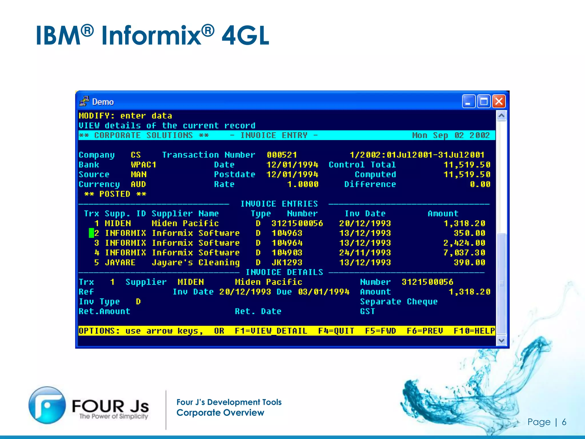 IBM® Informix® 4GL




          Four J’s Development Tools
          Corporate Overview
                                       Page | 6
 