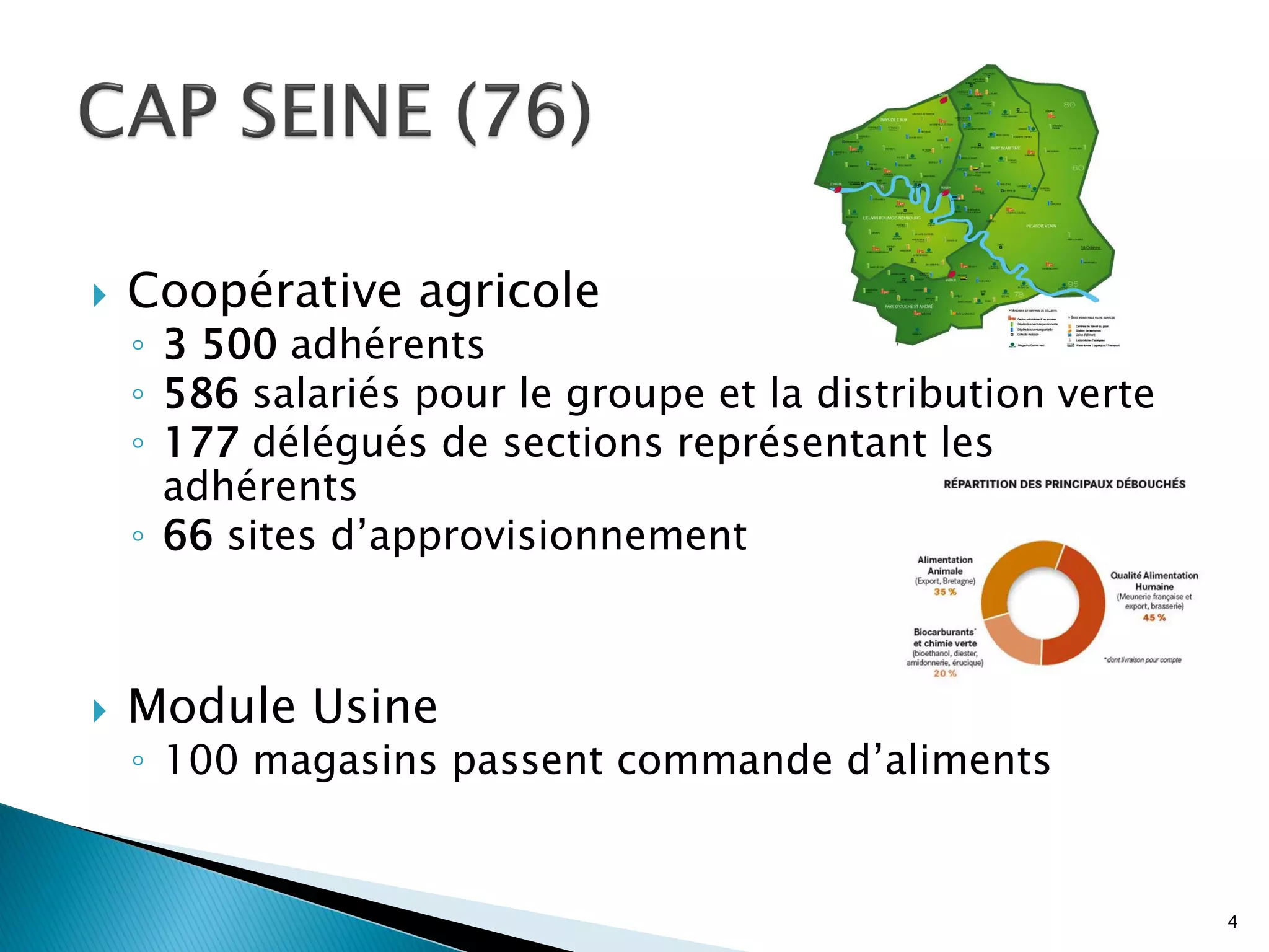    Coopérative agricole
    ◦ 3 500 adhérents
    ◦ 586 salariés pour le groupe et la distribution verte
    ◦ 177 délégués de sections représentant les
      adhérents
    ◦ 66 sites d’approvisionnement



   Module Usine
    ◦ 100 magasins passent commande d’aliments


                                                             4
 