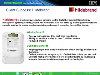 Integrated Data Management



     Client Success: Hildebrand

Hildebrand is a technology consultant company         on the Digital Environment Home Energy
Management System (DEHEMS) project. The Hildebrand team was asked by the UK government to find
a way to scale up its energy monitoring solution and enable it to monitor three million homes.


                         What’s Smart?
                         • Energy management thru real time monitoring
                         • Ability to monitor scales to over 3 million homes
                         • Reduced energy

                         Business Benefits
                         • Helping people make better decisions about energy efficiency in
                           the home.
                         • Collect, store and analyse up to • 50,000 data points per second
                         • Delivers high performance on low-cost hardware by leveraging
                           Informix time series data management technologies.




17                                                                               © 2011 IBM Corporation
 