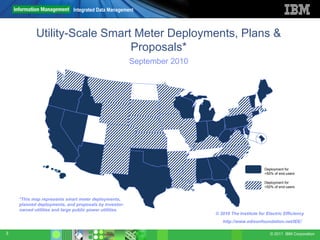Integrated Data Management



           Utility-Scale Smart Meter Deployments, Plans &
                              Proposals*
                                                        September 2010




                                                                                                 Deployment for
                                                                                                 >50% of end-users

                                                                                                 Deployment for
                                                                                                 <50% of end-users


    *This map represents smart meter deployments,
    planned deployments, and proposals by investor-
    owned utilities and large public power utilities.
                                                                         © 2010 The Institute for Electric Efficiency
                                                                            http://www.edisonfoundation.net/IEE/

3                                                                                                   © 2011 IBM Corporation
 