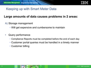 Integrated Data Management



     Keeping up with Smart Meter Data

    Large amounts of data causes problems in 2 areas:

    A) Storage management
       • Will get expensive and cumbersome to maintain

    • Query performance
       • Compliance Reports must be completed before the end of each day
       • Customer portal queries must be handled in a timely manner
       • Customer billing




5                                                                    © 2011 IBM Corporation
 