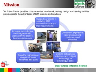 User Group Informix France
Support our clients in
validating IBM
solutions accuracy to
their requirements
Devote our expertise &
resources around
customers and
industries.
Commit to business
solutions, and not just
technology for
technology’s sake.
Bring the marketplace
viewpoint into our
worldwide IBM Labs
Innovate technologies
and integrate them,
along with the client’s
business processes
Mission
Our Client Center provides comprehensive benchmark, testing, design and briefing facilities
to demonstrate the advantages of IBM systems and solutions.
 