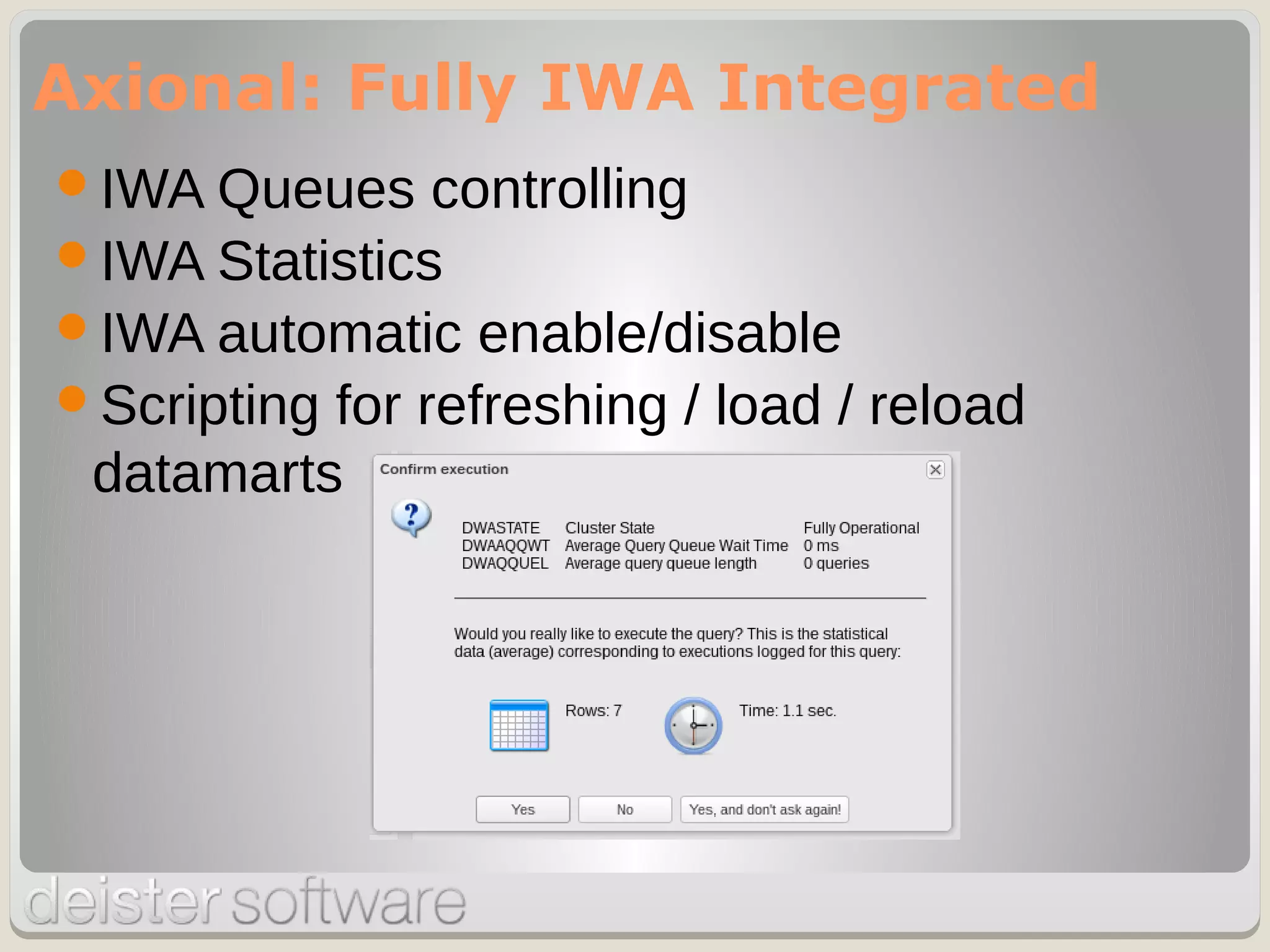 IWA Queues controlling
IWA Statistics
IWA automatic enable/disable
Scripting for refreshing / load / reload
datamarts
Axional: Fully IWA Integrated
 