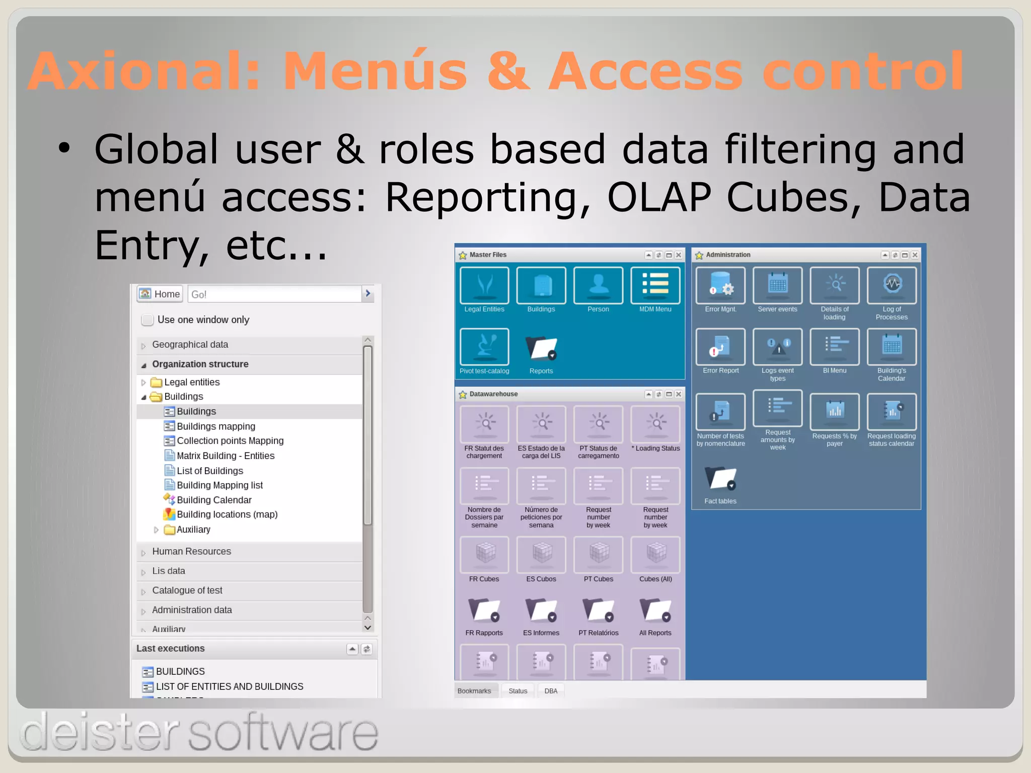 ●
Global user & roles based data filtering and
menú access: Reporting, OLAP Cubes, Data
Entry, etc...
Axional: Menús & Access control
 
