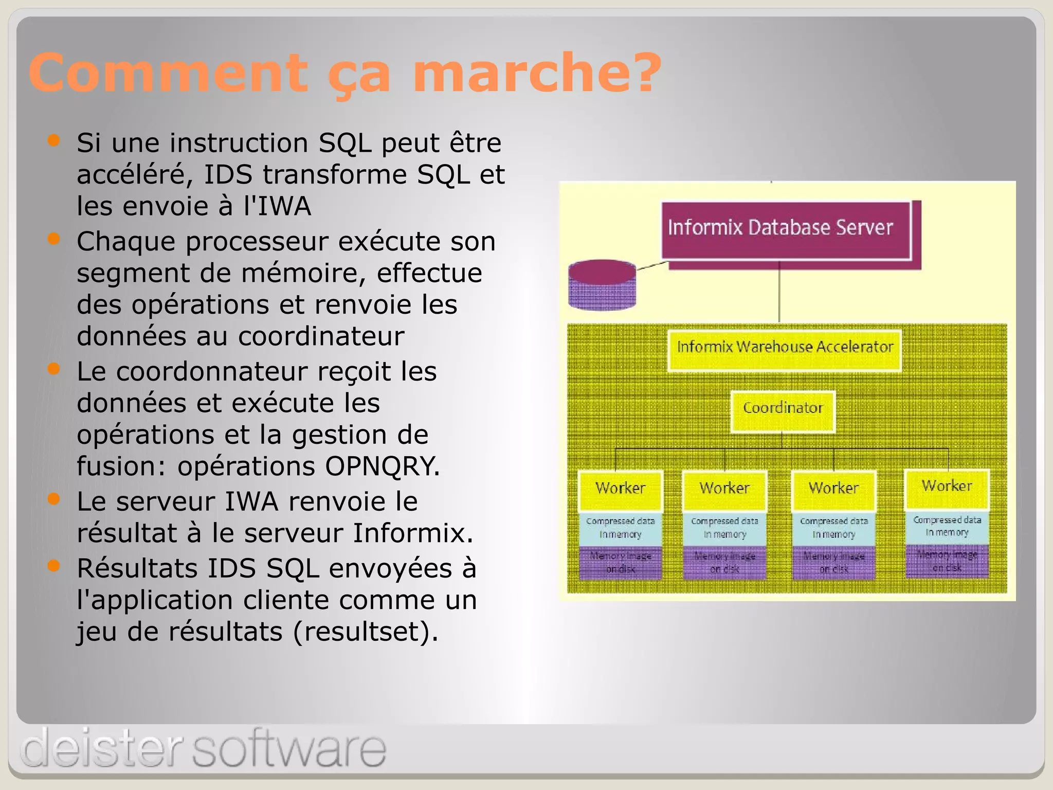  Si une instruction SQL peut être
accéléré, IDS transforme SQL et
les envoie à l'IWA
 Chaque processeur exécute son
segment de mémoire, effectue
des opérations et renvoie les
données au coordinateur
 Le coordonnateur reçoit les
données et exécute les
opérations et la gestion de
fusion: opérations OPNQRY.
 Le serveur IWA renvoie le
résultat à le serveur Informix.
 Résultats IDS SQL envoyées à
l'application cliente comme un
jeu de résultats (resultset).
Comment ça marche?
 