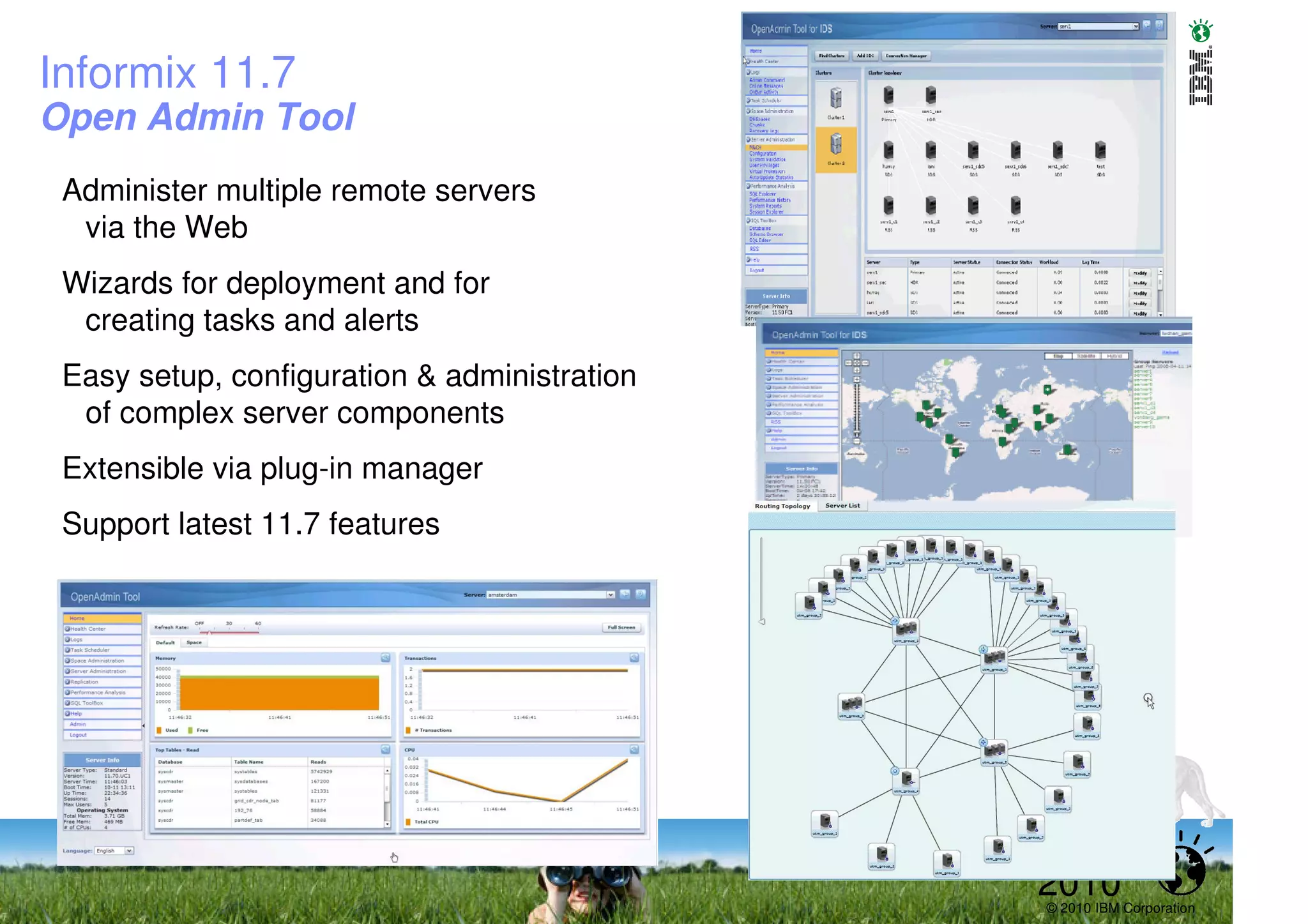 Informix 11.7
Open Admin Tool
 Administer multiple remote servers
  via the Web
 Wizards for deployment and for
  Remote
Administration
  creating tasks and alerts
 Easy setup, configuration & administration
  of complex server components
 Extensible via plug-in manager
 Support latest 11.7 features




                                              2010
                                              © 2010 IBM Corporation
 