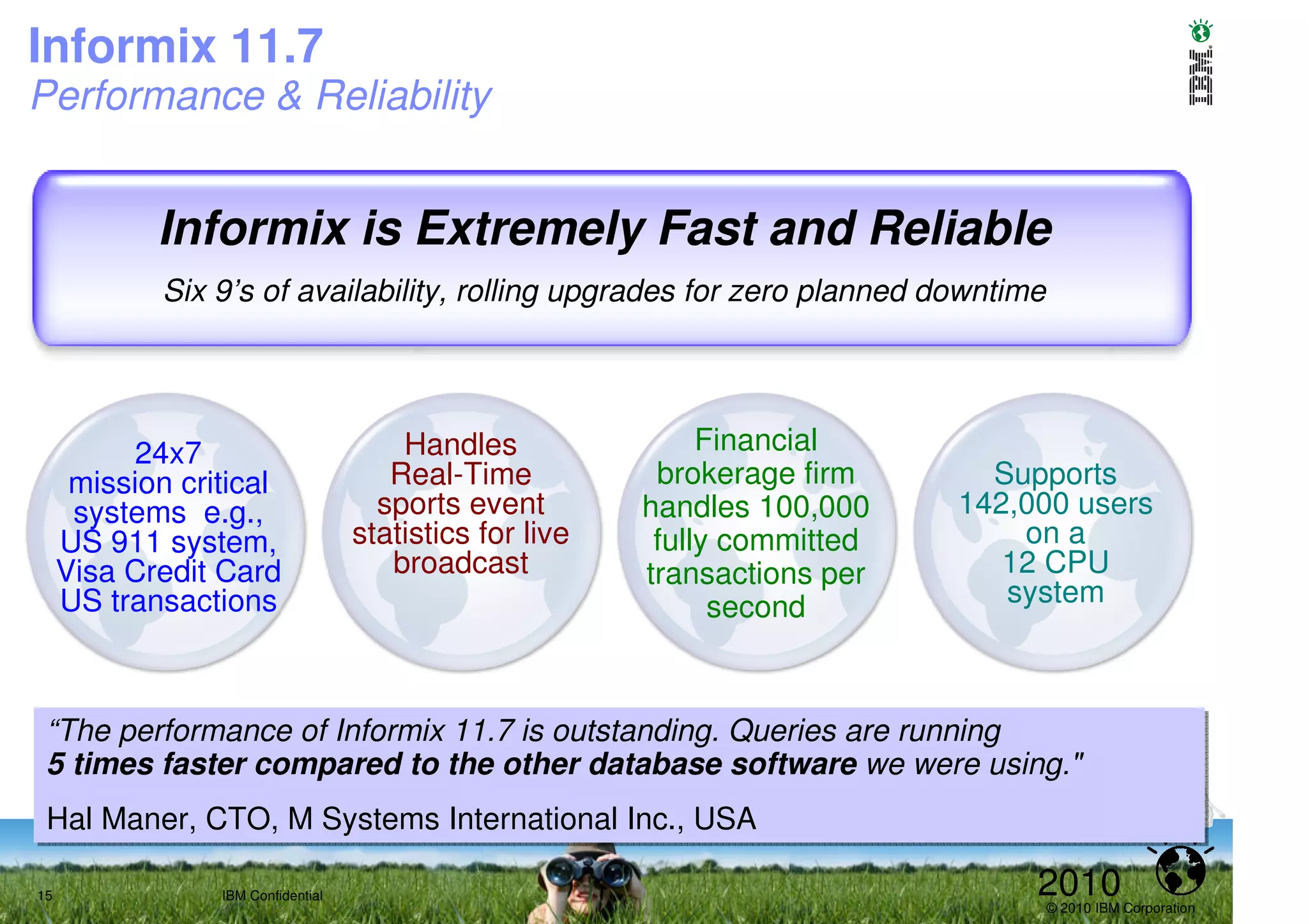 Informix 11.7
Performance & Reliability


            Informix is Extremely Fast and Reliable
             Six 9’s of availability, rolling upgrades for zero planned downtime




          24x7                          Handles                Financial
      mission critical                 Real-Time           brokerage firm      Supports
      systems e.g.,                   sports event        handles 100,000    142,000 users
     US 911 system,                 statistics for live    fully committed       on a
     Visa Credit Card                  broadcast          transactions per      12 CPU
     US transactions                                            second          system



 “The performance of Informix 11.7 is outstanding. Queries are running
 “The performance of Informix 11.7 is outstanding. Queries are running
 5 times faster compared to the other database software we were using."
 5 times faster compared to the other database software we were using."
 Hal Maner, CTO, M Systems International Inc., USA
 Hal Maner, CTO, M Systems International Inc., USA

15               IBM Confidential                                                 2010
                                                                                   © 2010 IBM Corporation
 