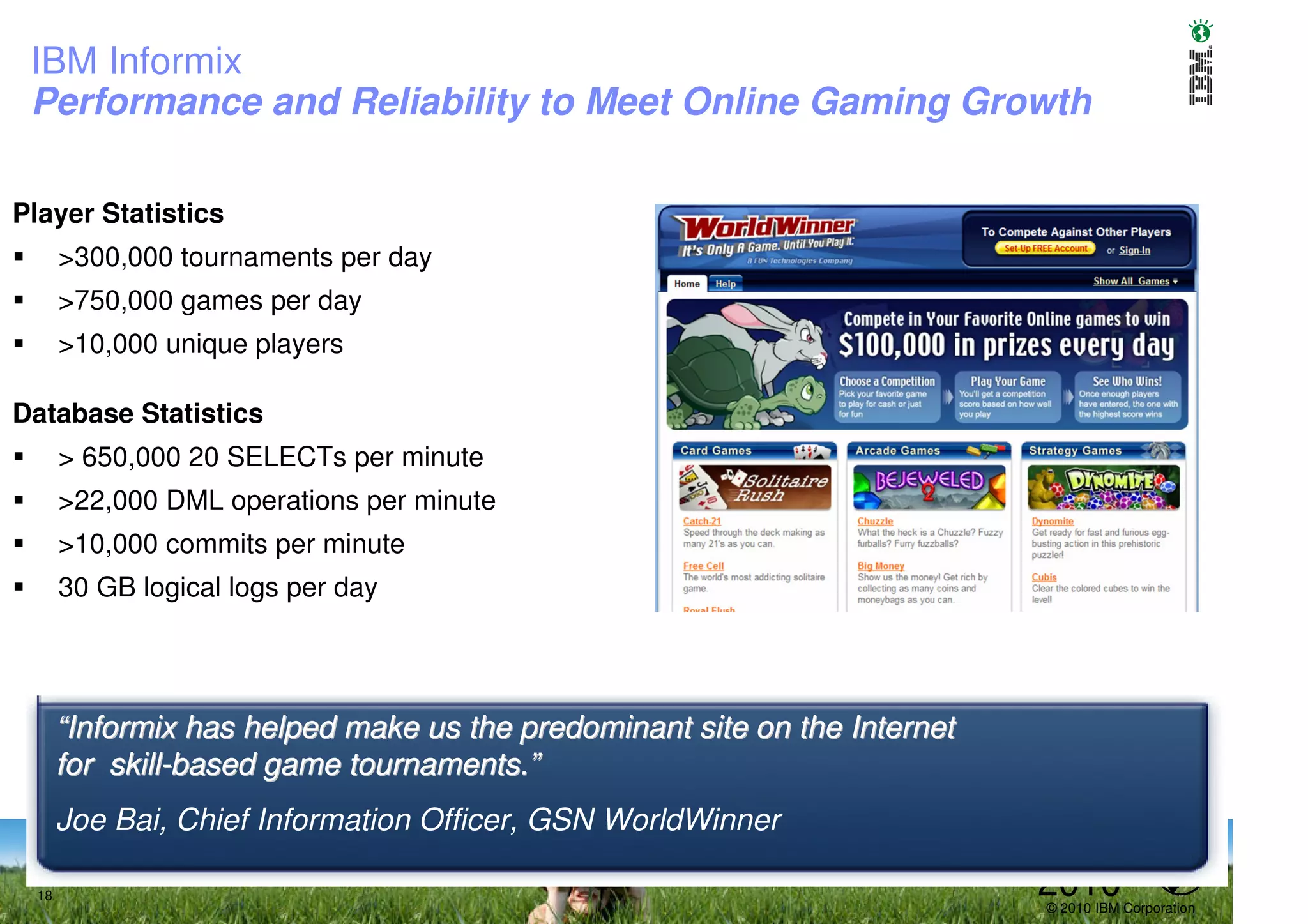 IBM Informix
 Performance and Reliability to Meet Online Gaming Growth

Player Statistics
       >300,000 tournaments per day
       >750,000 games per day
       >10,000 unique players

Database Statistics
       > 650,000 20 SELECTs per minute
       >22,000 DML operations per minute
       >10,000 commits per minute
       30 GB logical logs per day




       “Informix has helped make us the predominant site on the Internet
       for skill-based game tournaments.”
       Joe Bai, Chief Information Officer, GSN WorldWinner

  18                                                                       2010
                                                                           © 2010 IBM Corporation
 