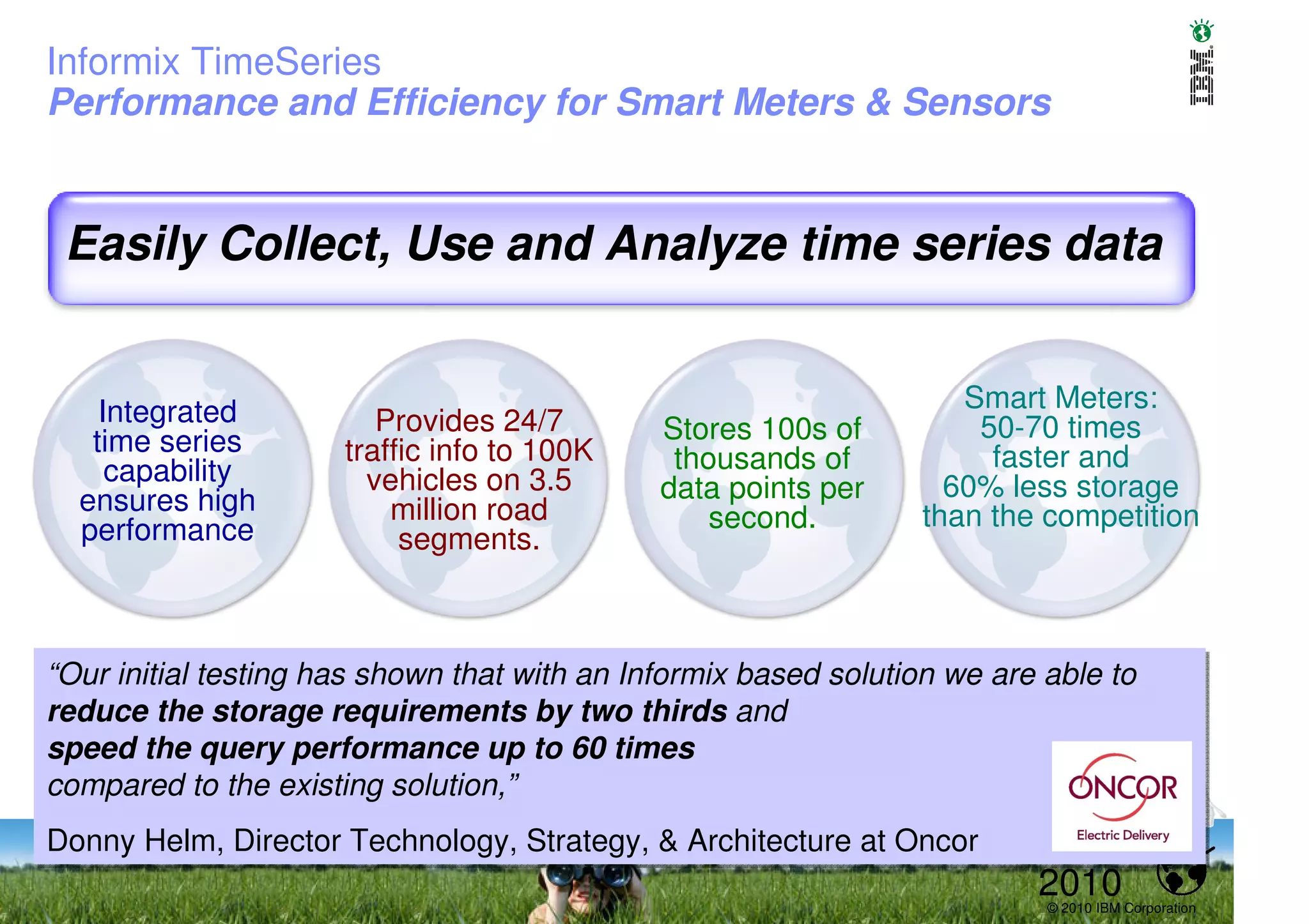Informix TimeSeries
Performance and Efficiency for Smart Meters & Sensors


 Easily Collect, Use and Analyze time series data


    Integrated                                                      Smart Meters:
                         Provides 24/7        Stores 100s of         50-70 times
   time series        traffic info to 100K
     capability                                thousands of           faster and
                        vehicles on 3.5       data points per      60% less storage
  ensures high            million road
  performance                                     second.        than the competition
                           segments.



“Our initial testing has shown that with an Informix based solution we are able to
“Our initial testing has shown that with an Informix based solution we are able to
reduce the storage requirements by two thirds and
reduce the storage requirements by two thirds and
speed the query performance up to 60 times
speed the query performance up to 60 times
compared to the existing solution,”
compared to the existing solution,”
Donny Helm, Director Technology, Strategy, & Architecture at Oncor
Donny Helm, Director Technology, Strategy, & Architecture at Oncor
                                                                          2010
                                                                           © 2010 IBM Corporation
 