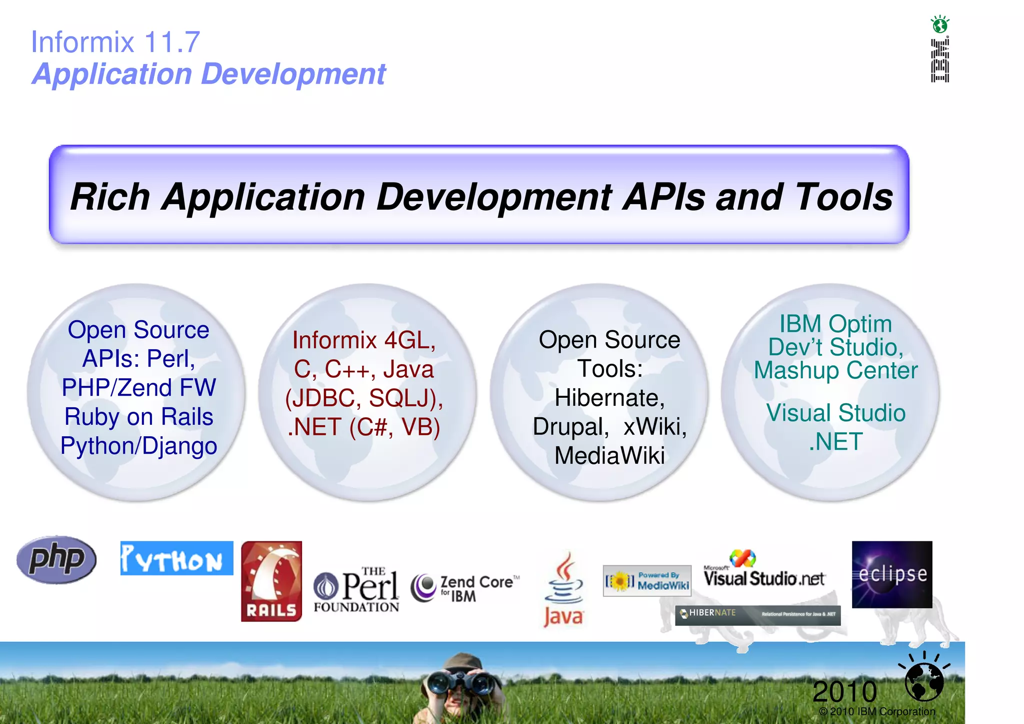 Informix 11.7
Application Development



  Rich Application Development APIs and Tools


 Open Source                                         IBM Optim
                  Informix 4GL,   Open Source       Dev’t Studio,
   APIs: Perl,    C, C++, Java        Tools:       Mashup Center
 PHP/Zend FW     (JDBC, SQLJ),      Hibernate,
 Ruby on Rails                                      Visual Studio
                 .NET (C#, VB)    Drupal, xWiki,
 Python/Django                                          .NET
                                    MediaWiki




                                                        2010
                                                        © 2010 IBM Corporation
 