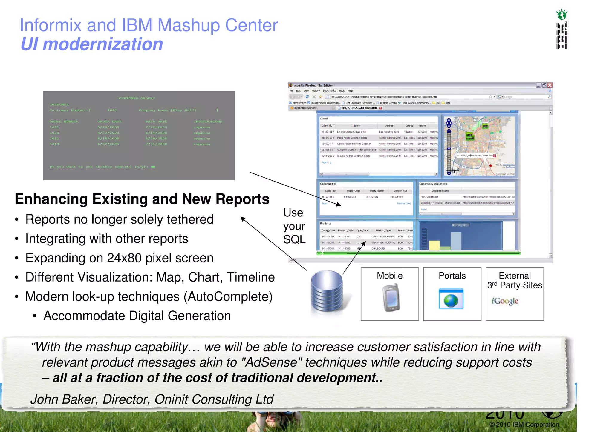 Informix and IBM Mashup Center
UI modernization




Enhancing Existing and New Reports
                                                  Use
• Reports no longer solely tethered               your
• Integrating with other reports                  SQL
• Expanding on 24x80 pixel screen
• Different Visualization: Map, Chart, Timeline                Mobile     Portals         External
                                                                                    3rd   Party Sites
• Modern look-up techniques (AutoComplete)
   • Accommodate Digital Generation

  “With the mashup capability… we will be able to increase customer satisfaction in line with
    relevant product messages akin to "AdSense" techniques while reducing support costs
    – all at a fraction of the cost of traditional development..
  John Baker, Director, Oninit Consulting Ltd
                                                                                    2010
                                                                                    © 2010 IBM Corporation
 