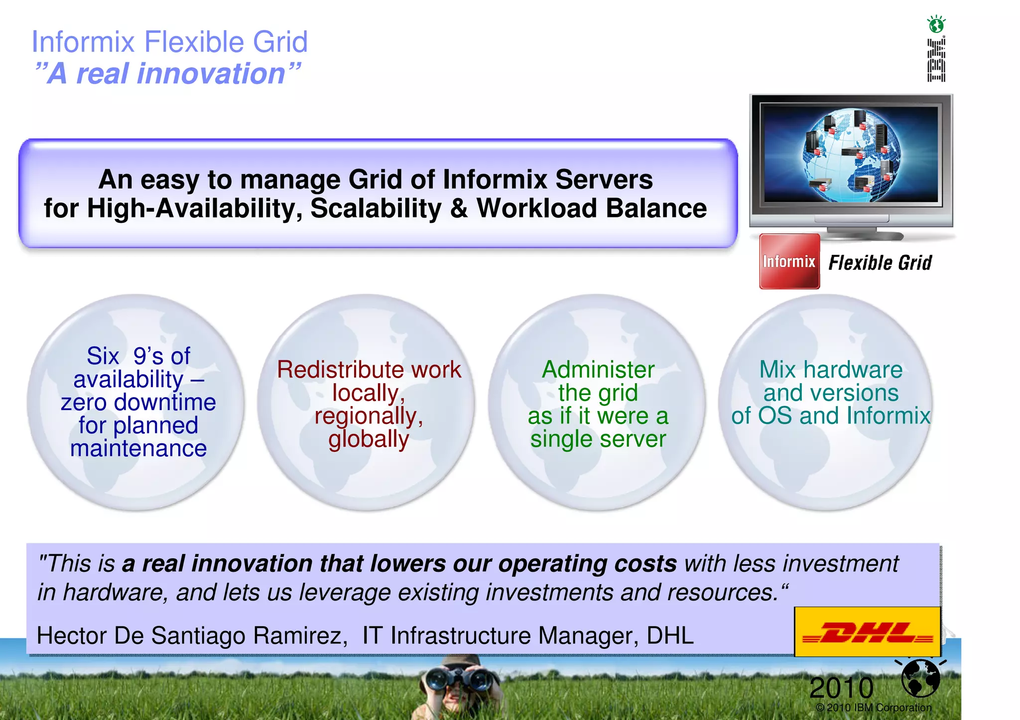 Informix Flexible Grid
”A real innovation”


      An easy to manage Grid of Informix Servers
 for High-Availability, Scalability & Workload Balance




    Six 9’s of
   availability –     Redistribute work       Administer           Mix hardware
  zero downtime            locally,             the grid           and versions
   for planned           regionally,         as if it were a    of OS and Informix
   maintenance            globally           single server




"This is a real innovation that lowers our operating costs with less investment
 "This is a real innovation that lowers our operating costs with less investment
in hardware, and lets us leverage existing investments and resources.“
 in hardware, and lets us leverage existing investments and resources.“
Hector De Santiago Ramirez, IT Infrastructure Manager, DHL
Hector De Santiago Ramirez, IT Infrastructure Manager, DHL

                                                                       2010
                                                                        © 2010 IBM Corporation
 