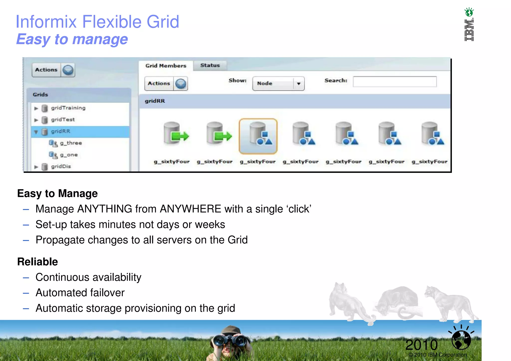 Informix Flexible Grid
Easy to manage




Easy to Manage
 – Manage ANYTHING from ANYWHERE with a single ‘click’
 – Set-up takes minutes not days or weeks
 – Propagate changes to all servers on the Grid

Reliable
 – Continuous availability
 – Automated failover
 – Automatic storage provisioning on the grid


                                                         2010
                                                         © 2010 IBM Corporation
 