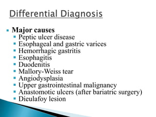 

Major causes











Peptic ulcer disease
Esophageal and gastric varices
Hemorrhagic gastritis
Esophagitis
Duodenitis
Mallory-Weiss tear
Angiodysplasia
Upper gastrointestinal malignancy
Anastomotic ulcers (after bariatric surgery)
Dieulafoy lesion

 