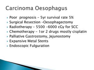 








Poor prognosis – 5yr survival rate 5%
Surgical Resection –Oesophagectomy
Radiotherapy – 5500 -6000 cGy for SCC
Chemotherapy - 1or 2 drugs mostly cisplatin
Palliative Gastrostomy, Jejunostomy
Expansive Metal Stents
Endoscopic Fulguration

 
