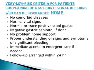 









No comorbid diseases
Normal vital signs
Normal or trace positive stool guaiac
Negative gastric aspirate, if done
No problem home support
Proper understanding of signs and symptoms
of significant bleeding
Immediate access to emergent care if
needed
Follow-up arranged within 24 hr

 