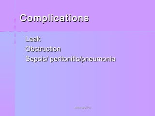 ComplicationsComplications
 LeakLeak
 ObstructionObstruction
 Sepsis/ peritonitis/pneumoniaSepsis/ peritonitis/pneumonia
WWW.SMSO.CCWWW.SMSO.CC
 
