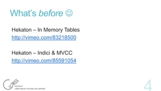 What’s before 
Hekaton – In Memory Tables
http://vimeo.com/83218500
Hekaton – Indici & MVCC
http://vimeo.com/85591054

 