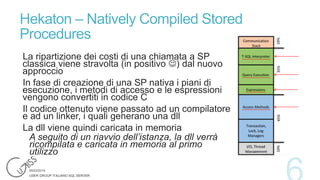 Hekaton – Natively Compiled Stored
Procedures
La ripartizione dei costi di una chiamata a SP
classica viene stravolta (in positivo ) dal nuovo
approccio
In fase di creazione di una SP nativa i piani di
esecuzione, i metodi di accesso e le espressioni
vengono convertiti in codice C
Il codice ottenuto viene passato ad un compilatore
e ad un linker, i quali generano una dll
La dll viene quindi caricata in memoria
A seguito di un riavvio dell’istanza, la dll verrà
ricompilata e caricata in memoria al primo
utilizzo

 