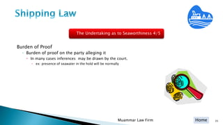 Home
Burden of Proof
◦ Burden of proof on the party alleging it
 In many cases inferences may be drawn by the court.
 ex: presence of seawater in the hold will be normally
Muammar Law Firm 35
The Undertaking as to Seaworthiness 4/5
 