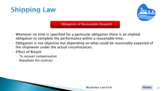 Home 37Muammar Law Firm
• Whenever no time is specified for a particular obligation there is an implied
obligation to complete the performance within a reasonable time.
• Obligation is not objective but depending on what could be reasonably expected of
the shipowner under the actual circumstances.
• Effect of Breach
◦ To recover compensation
◦ Repudiate the contract
Obligation of Reasonable Disptach
Obligation of Reasonable Dispatch
 