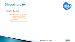 Home
Table Of Contents
 Presentation of a Bill of Lading
 Problems in presentation
 Short form bill of lading
 The Waybill
 Bill of Lading under Charterparties
Muammar Law Firm 4
 