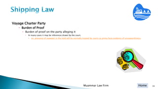 Home
Voyage Charter Party
 Burden of Proof
 Burden of proof on the party alleging it
 In many cases it may be inferences drawn by the court.
 ex: presence of seawater in the hold will be normally treated by courts as prima facie evidence of unseaworthiness
59Muammar Law Firm
 
