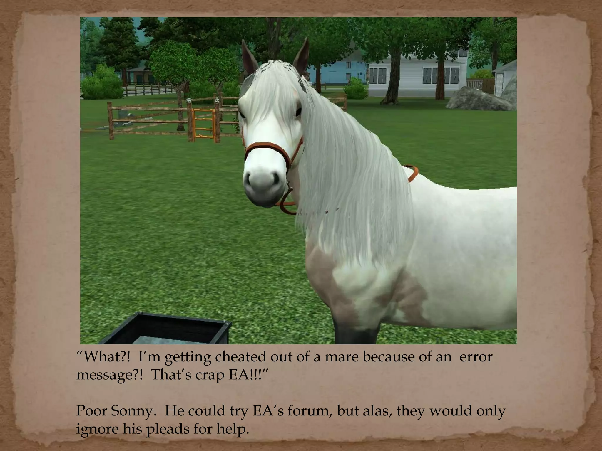 “What?! I’m getting cheated out of a mare because of an error
message?! That’s crap EA!!!”
Poor Sonny. He could try EA’s forum, but alas, they would only
ignore his pleads for help.
 