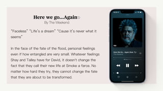 Here we go...Again⎋
By The Weekend
“Faceless” “Life’s a dream” “Cause it’s never what it
seems”
In the face of the fate of the
fl
ood, personal feelings
even if how entangled are very small. Whatever feelings
Shay and Talley have for David, it doesn't change the
fact that they call their new life at Smoke a farce. No
matter how hard they try, they cannot change the fate
that they are about to be transformed.
Here we go…again
 