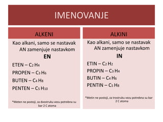 IMENOVANJE
ALKENI

ALKINI

Kao alkani, samo se nastavak
AN zamenjuje nastavkom

Kao alkani, samo se nastavak
AN zamenjuje nastavkom

EN
ETEN – C2 H4
PROPEN – C3 H6
BUTEN – C4 H8
PENTEN – C5 H10
*Meten ne postoji, za dvostruku vezu potrebna su
bar 2 C atoma

IN
ETIN – C2 H2
PROPIN – C3 H4
BUTIN – C4 H6
PENTIN – C5 H8
*Metin ne postoji, za trostruku vezu potrebna su bar
2 C atoma

 