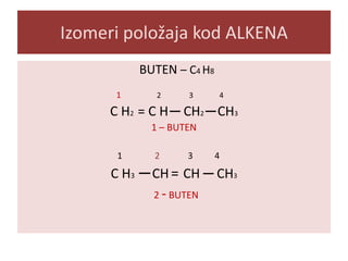 Izomeri položaja kod ALKENA
BUTEN – C4 H8
1

2

3

4

C H2 = C H ─ CH2 ─ CH3
1 – BUTEN
1

2

3

4

C H3 ─ CH = CH ─ CH3
2 - BUTEN

 