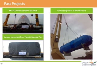 Past Projects
          AN124 Charter for 65MT PACKAGE        Cyclone Separator at Mumbai Port




     Vacuum movement from Pune to Mumbai Port




                                                                                   
18
 