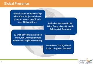 Global Presence

         Global Exclusive Partnership
         with BDP’s Projects division,
         giving us access to offices in
              over 120 countries.
                                           Exclusive Partnership for
                                           Wind Energy Logistics with
                                             Baltship AS, Denmark

          JV with BDP International in
           India, for Chemical Supply
         Chain and Freight Forwarding.

                                           Member of GPLN, Global
                                          Projects Logistics Network



                                                                        
6
 