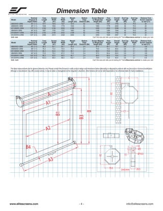 Dimension Table
Model
M85XWS1-SRM
M99NWS1-SRM
M113NWS1-SRM
M84NWV-SRM
M100NWV1-SRM
M120XWV2-SRM
Unit: mm
Model
M85XWS1-SRM
M99NWS1-SRM
M113NWS1-SRM
M84NWV-SRM
M100NWV1-SRM
M120XWV2-SRM
Unit: inch

Nominal
Diagonal &
Aspect Ratio
85" (1:1)
99" (1:1)
113" (1:1)
84" (4:3)
100" (4:3)
120" (4:3)

Case
Length
(A)
1677
1938
2192
1867
2192
2598

Screen
Width
(A1)
1603
1854
2106
1783
2108
2514

View
Width
(A2)
1527
1778
2030
1707
2032
2438

Weight
Bar
Length (A3)
1673
1934
2188
1863
2188
2594

Bottom
Edge
Distance (B4)
62
62
62
62
62
62

Screen Material
View
Overall End Cap
End Cap
Distance from
to Weight Bar
Height
Height
Height
Width
Screen material
Height (B3)
(B1)
(B)
(B5)
(C)
to wall (C1)
1703
1527
1795
92
79.5
20
1954
1778
2046
92
79.5
20
2206
2030
2298
92
79.5
20
1456
1280
1548
92
79.5
20
1700
1524
1792
92
79.5
20
2005
1829
2097
92
79.5
20
Can't find size and ratio you’re looking for? Visit elitescreens.com/csr to create your own

Nominal
Diagonal &
Aspect Ratio
85" (1:1)
99" (1:1)
113" (1:1)
84" (4:3)
100" (4:3)
120" (4:3)

Case
Length
(A)
66.0
76.3
86.3
73.5
86.3
102.3

Screen
Width
(A1)
63.1
73.0
82.9
70.2
83.0
99.0

View
Width
(A2)
60.1
70.0
79.9
67.2
80.0
96.0

Weight
Bar
Length (A3)
65.9
76.1
86.1
73.3
86.1
102.1

Bottom
Edge
Distance (B4)
2.4
2.4
2.4
2.4
2.4
2.4

Screen Material
View
Overall End Cap
End Cap
Distance from
to Weight Bar
Height
Height
Height
Width
Screen material
Height (B3)
(B1)
(B)
(B5)
(C)
to wall (C1)
67.0
60.1
70.7
3.6
3.1
0.8
76.9
70.0
80.6
3.6
3.1
0.8
86.9
79.9
90.5
3.6
3.1
0.8
57.3
50.4
60.9
3.6
3.1
0.8
66.9
60.0
70.6
3.6
3.1
0.8
78.9
72.0
82.6
3.6
3.1
0.8
Can't find size and ratio you’re looking for? Visit elitescreens.com/csr to create your own

The listed measurements are for general reference only. Please contact Elite Screens to verify product design and dimensions before attempting to integrate its products with any structural or furniture modification.
Although a manufacturer may offer product advice, it may be taken or disregarded at the integrator’s discretion. Elite Screens will not be held responsible or be otherwise liable for faulty installations.

C

B

C1

B3

B1

B5

A
A1

A2

11

B4
92

15

A3

79.5

www.elitescreens.com

-4-

Unit:mm

10
Ø5
Ø10.5

20.5

info@elitescreens.com

 