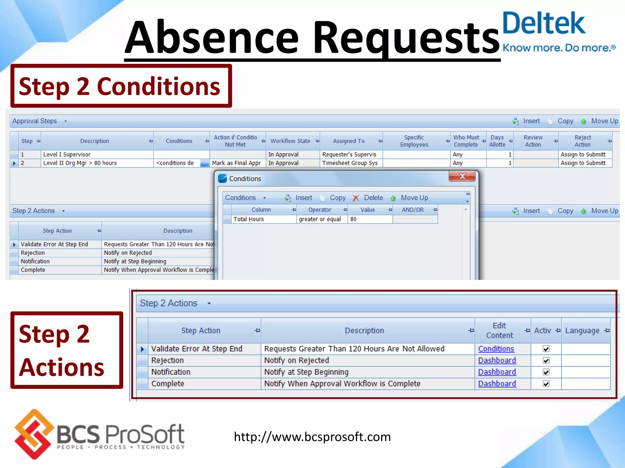 http://www.bcsprosoft.com
Absence Requests
Step 2 Conditions
Step 2
Actions
 