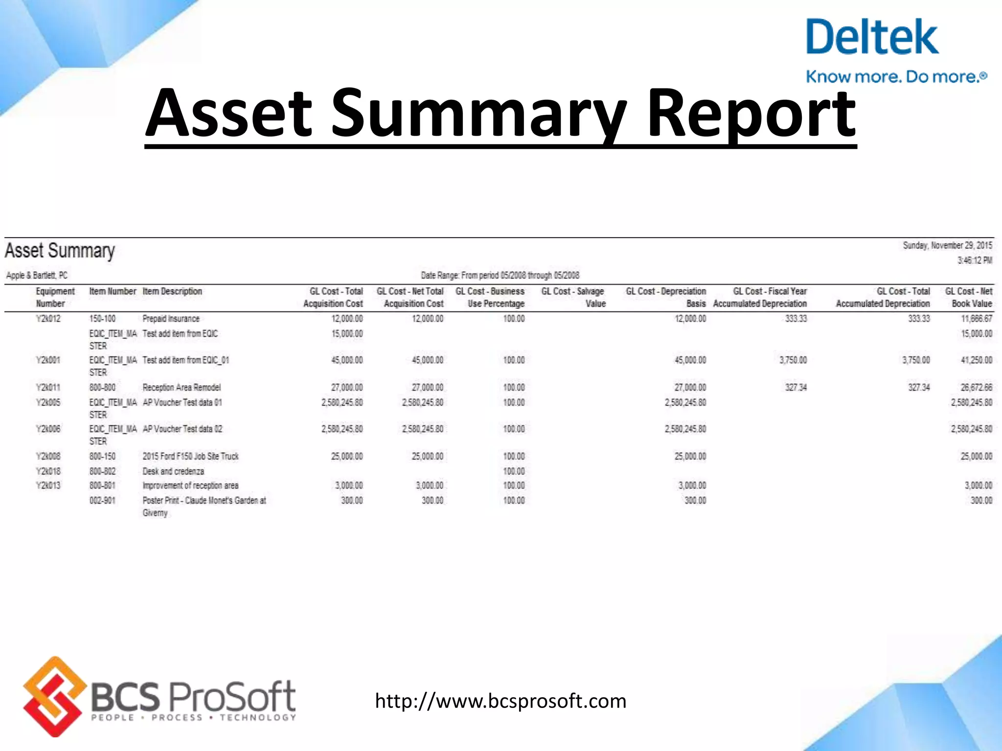 http://www.bcsprosoft.com
Asset Summary Report
 