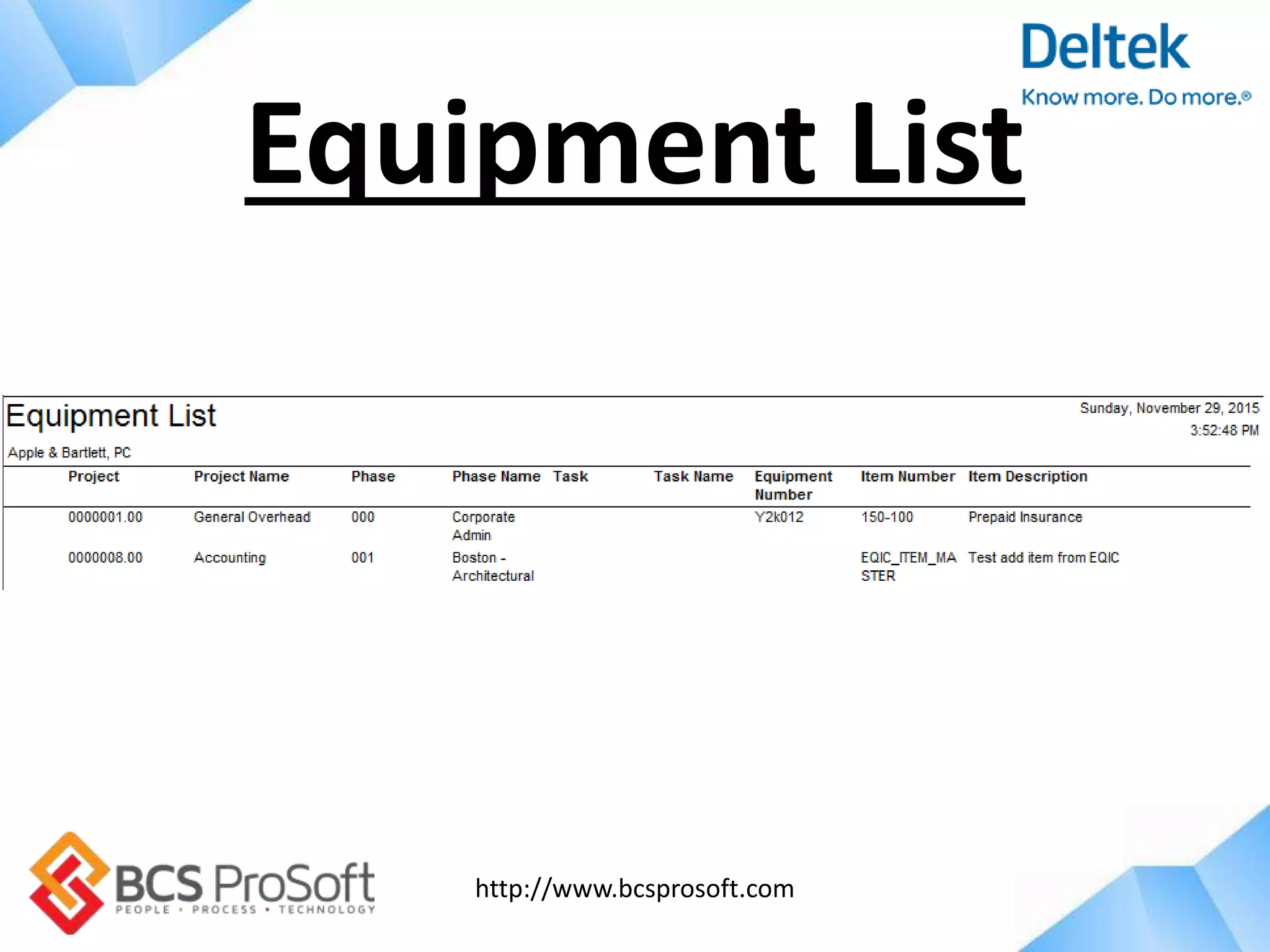 http://www.bcsprosoft.com
Equipment List
 